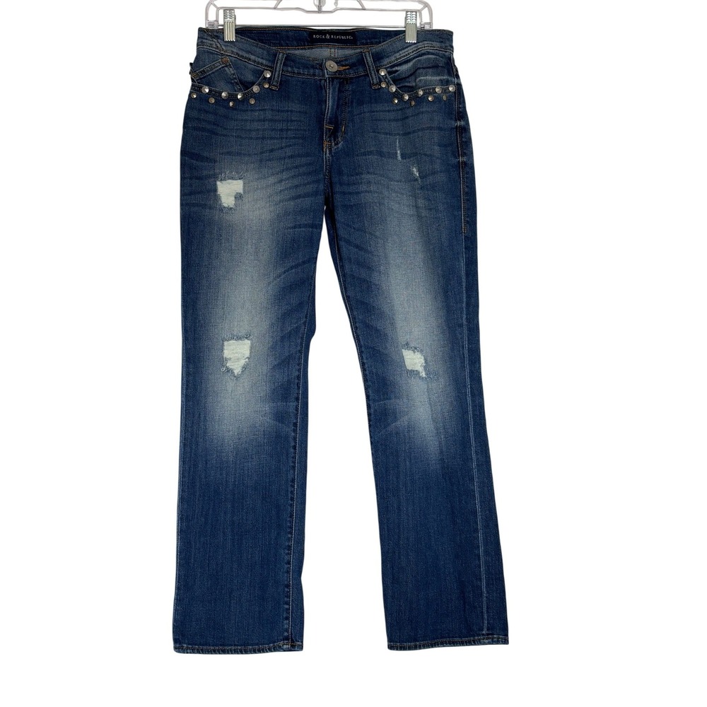 Rock & Republic Indee Studded Distressed Straight Leg Jeans Blue Womens 6M